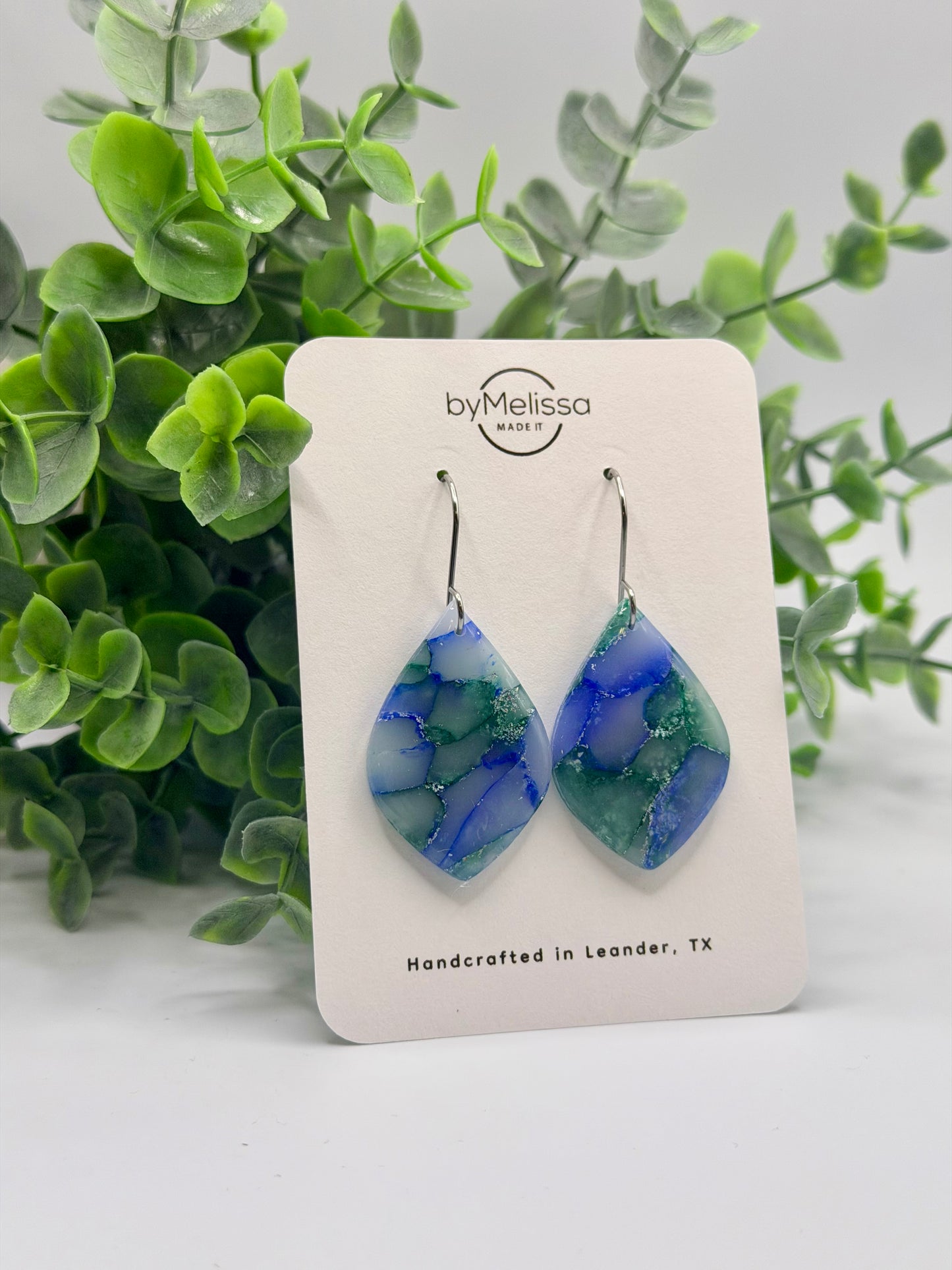 Forest Green and Blue Small Wide Leaf Drop Earrings in Silver