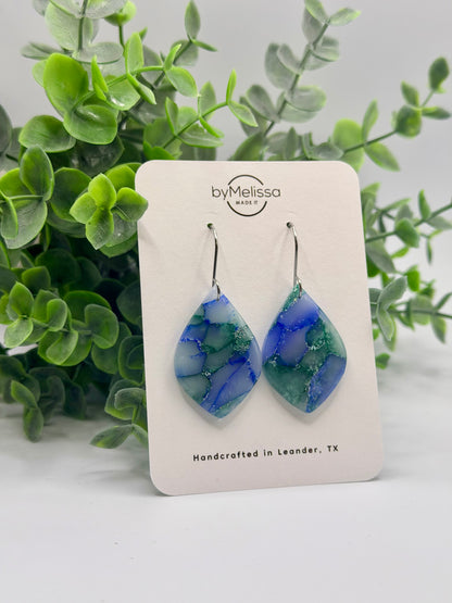 Forest Green and Blue Small Wide Leaf Drop Earrings in Silver