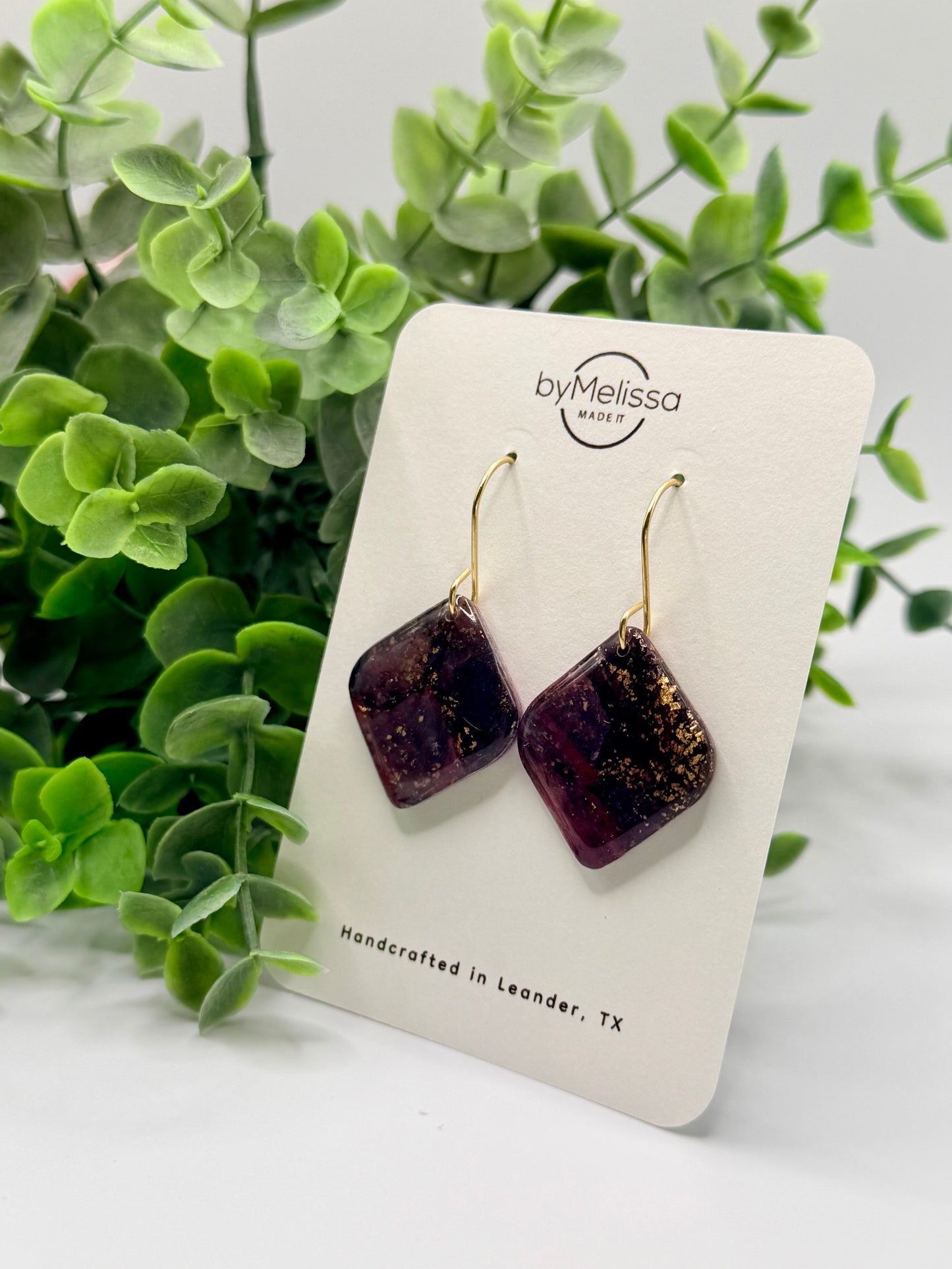 Maroon and Black Rounded Square Drop Earrings in Gold