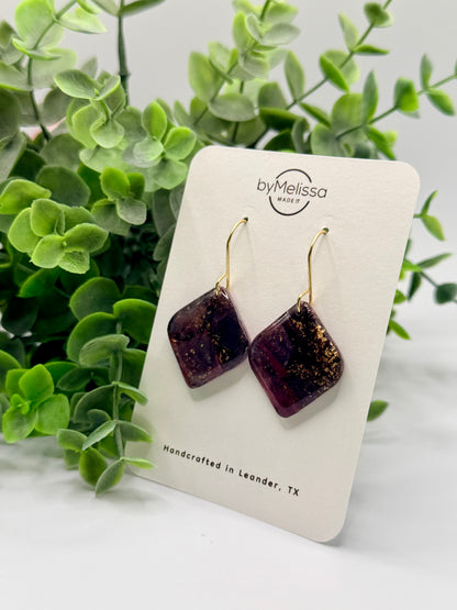 Maroon and Black Rounded Square Drop Earrings in Gold