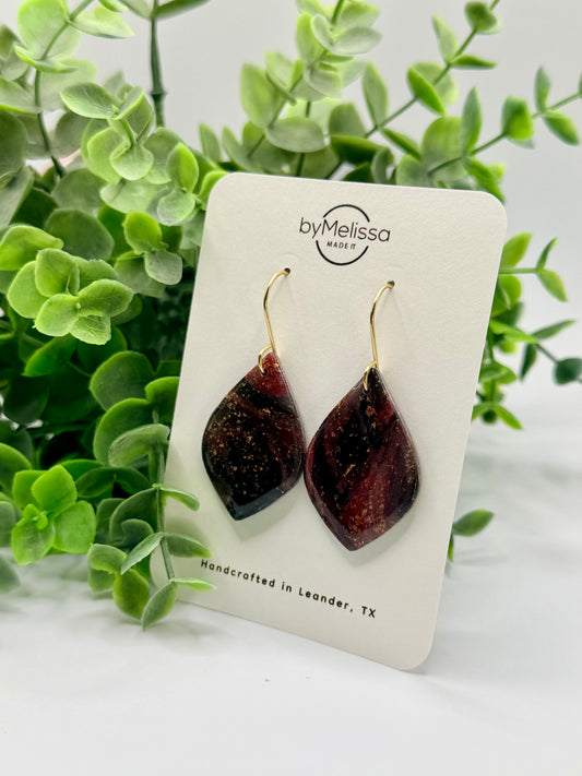 Maroon and Black Small Wide Leaf Drop Earrings in Gold