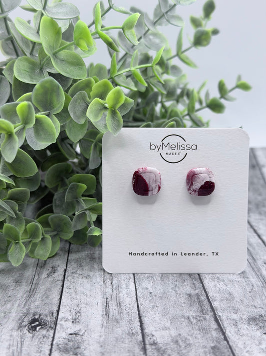Maroon and White Small Embedded Square Stud Earrings