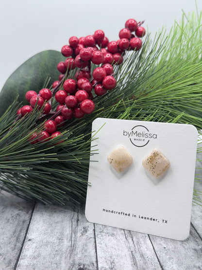 White and Gold Rounded Square Stud Earrings