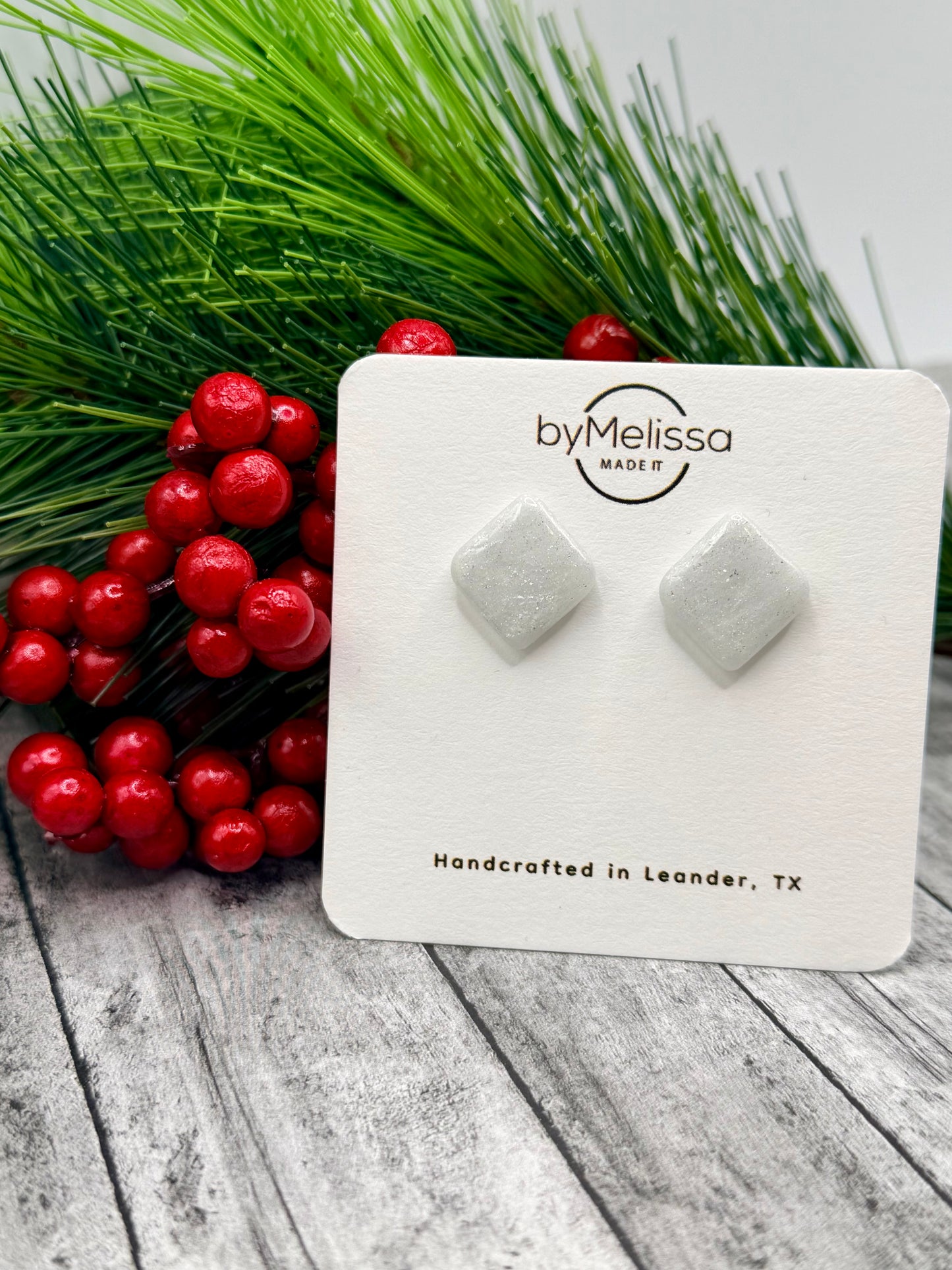 White and Silver Rounded Square Stud Earrings