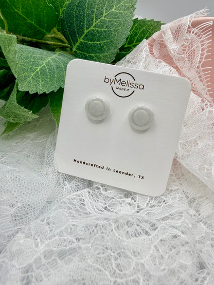 White and Silver Small Embedded Circle Stud Earrings