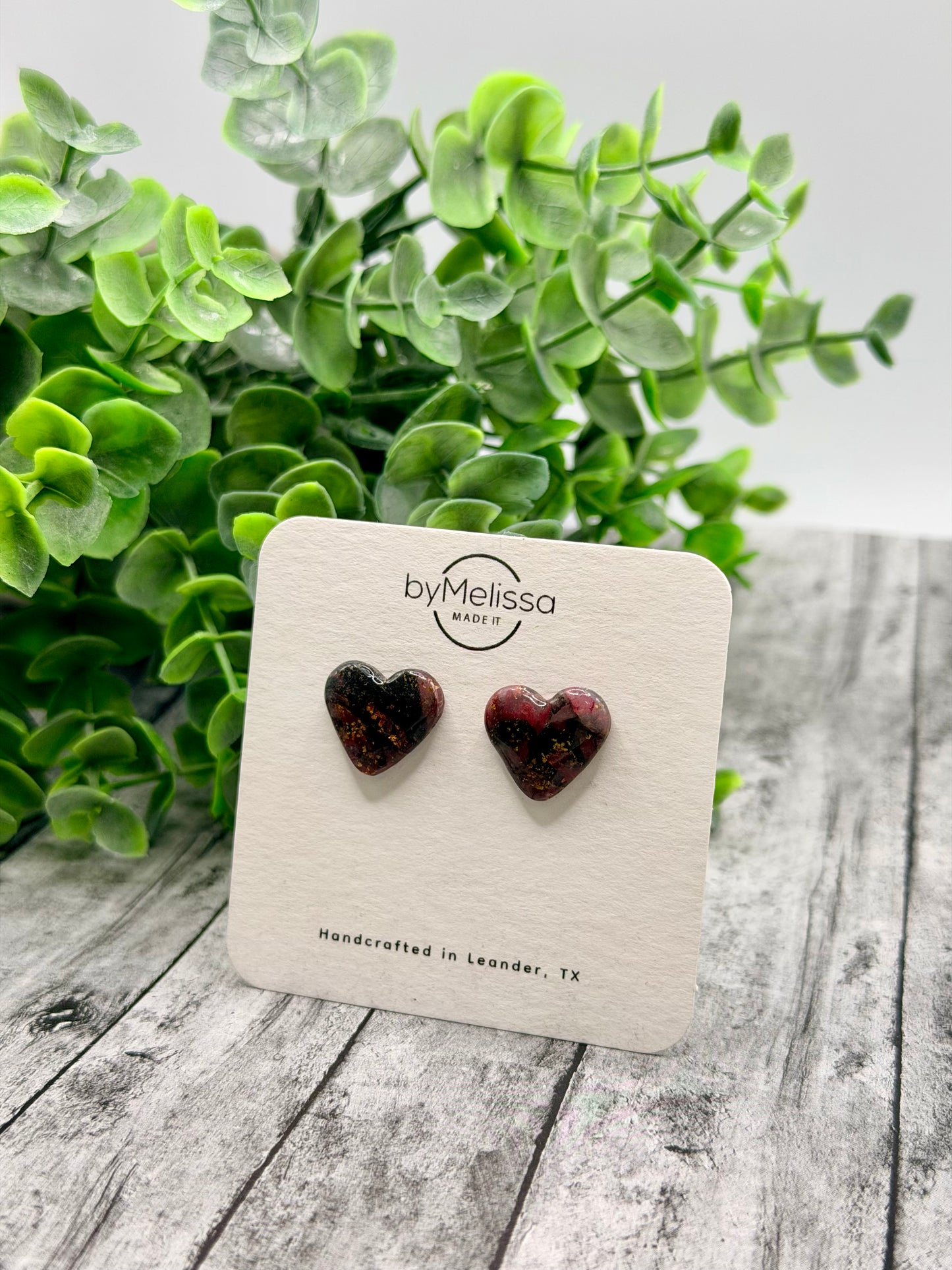 Maroon and Black Heart Stud Earrings