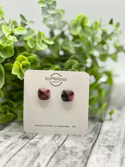 Maroon and Black Small Embedded Square Stud Earrings
