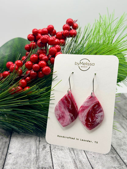 Red and White Small Wide Leaf Drop Earrings in Silver