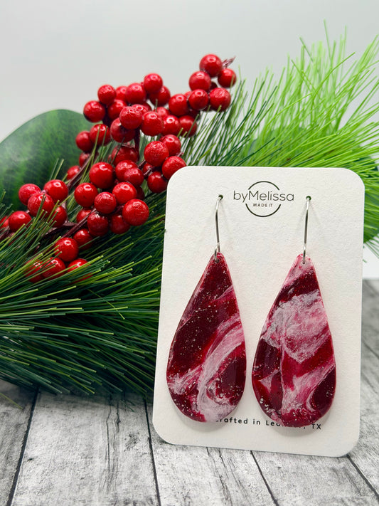Red and White Large Teardrop Drop Earrings in Silver