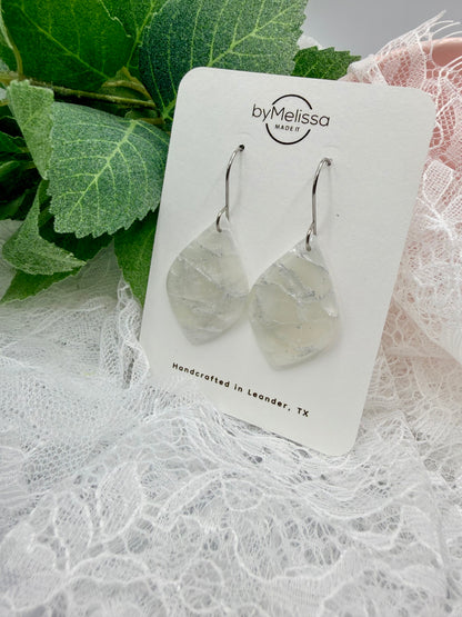 White and Silver Small Wide Leaf Drop Earrings