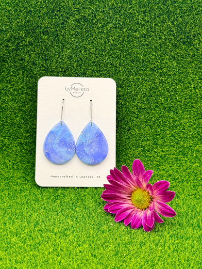 Sky Blue and Periwinkle Small Wide Teardrop Drop Earrings in Silver