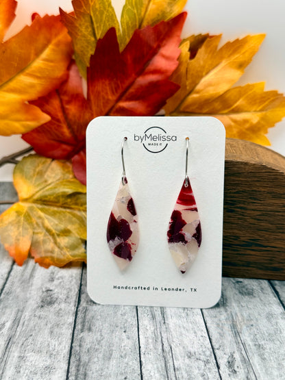 Maroon and White Small Elongated Kite Drop Earrings in Silver
