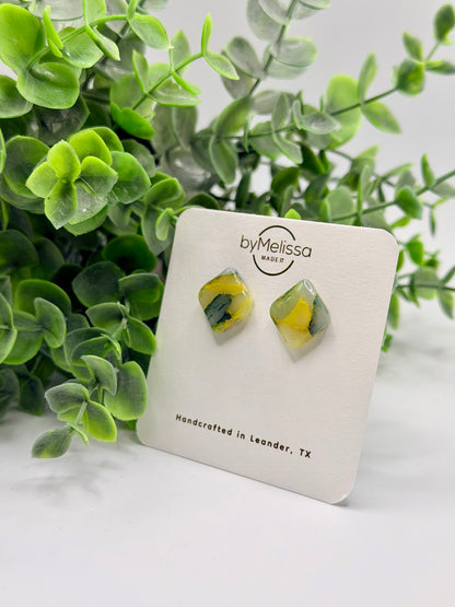 Navy and Gold Round Square Stud Earrings