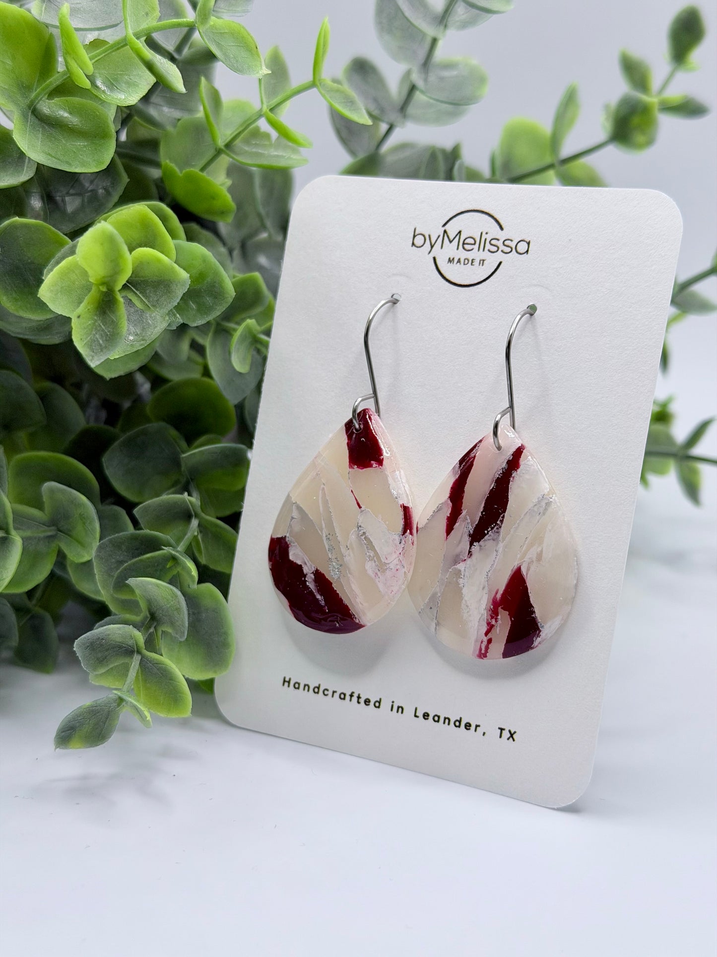 Maroon and White Small Wide Teardrop Drop Earrings in Silver