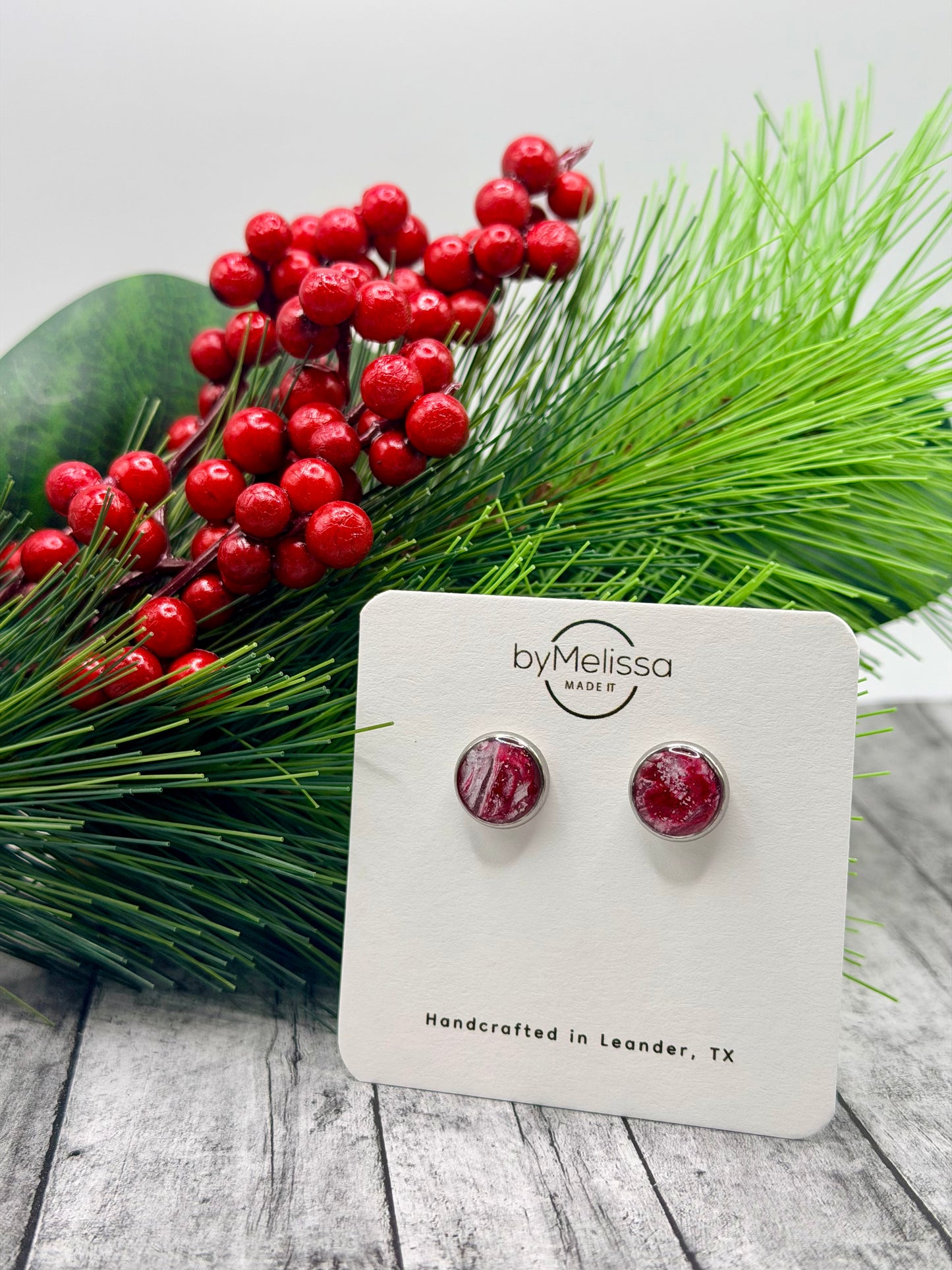 Red and White Circle Bezel Stud Earrings in Silver