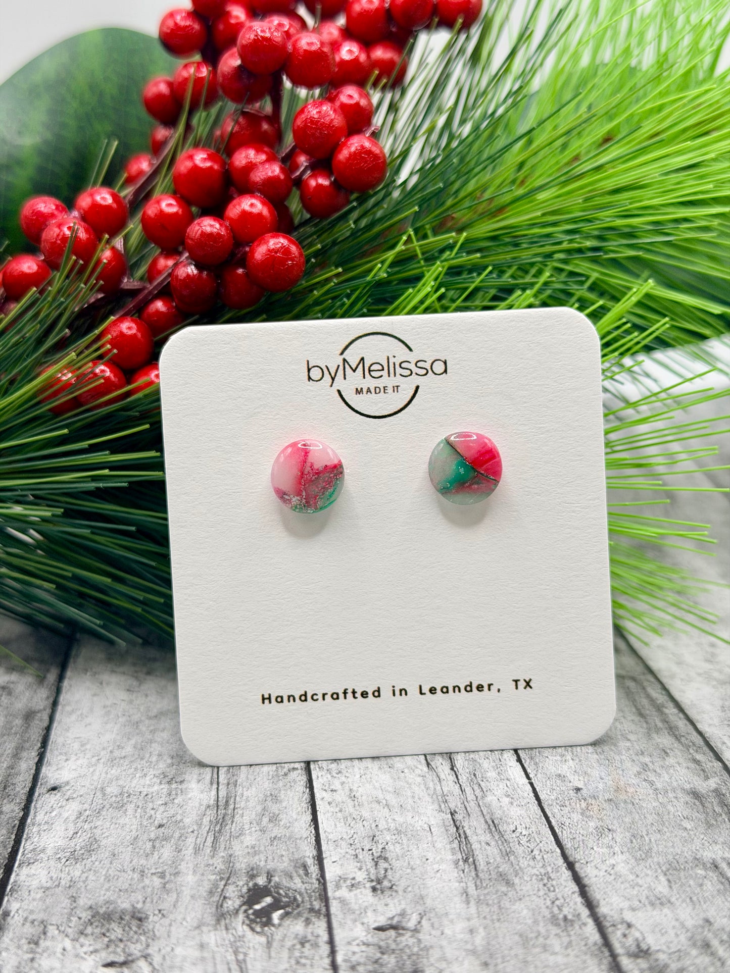 Red and Green Small Circle Stud Earrings