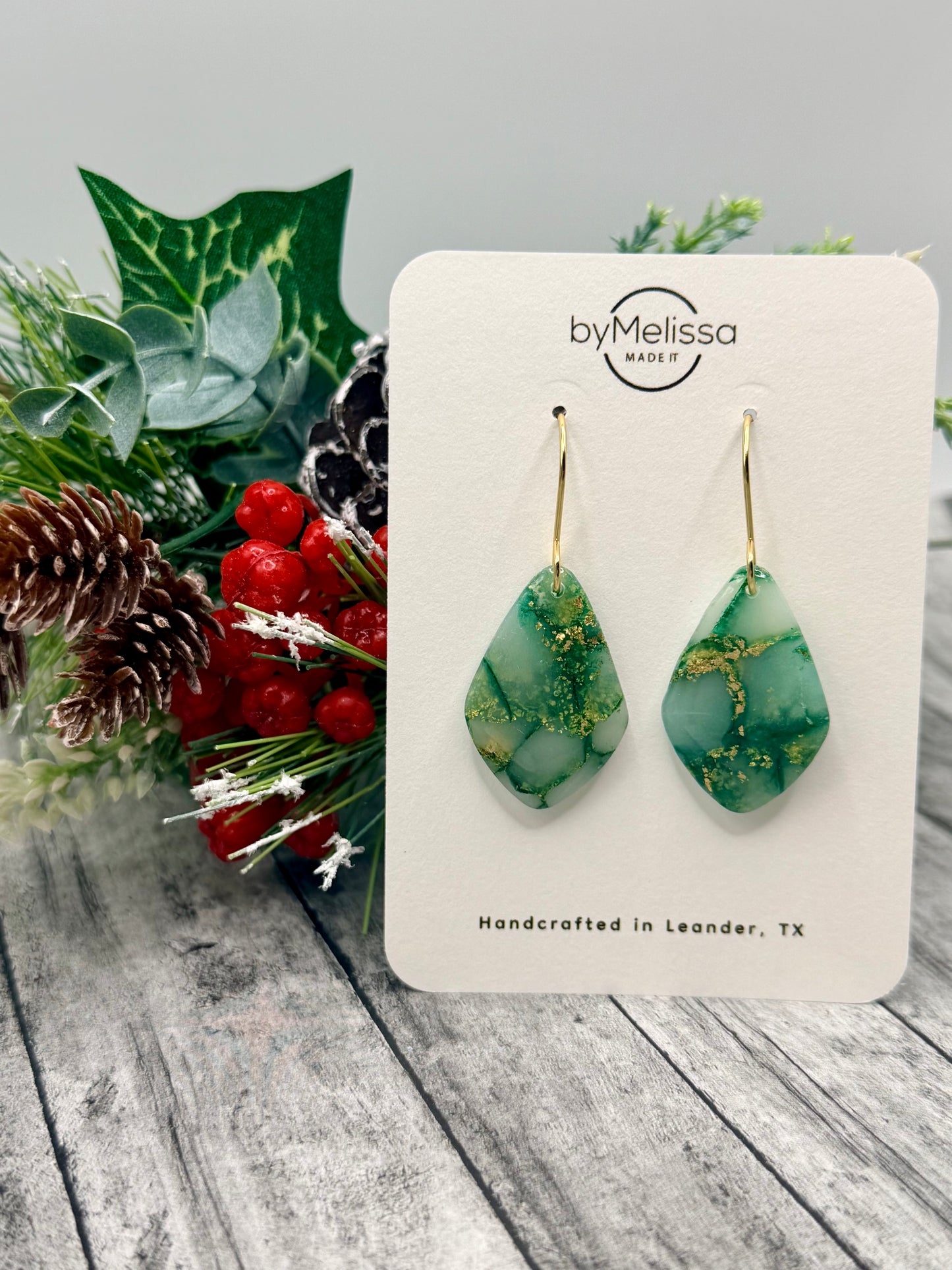 Green and Gold Small Kite Drop Earrings