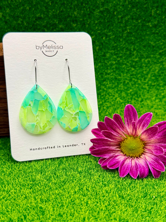 Lime and Turquoise Small Wide Teardrop Drop Earrings in Silver