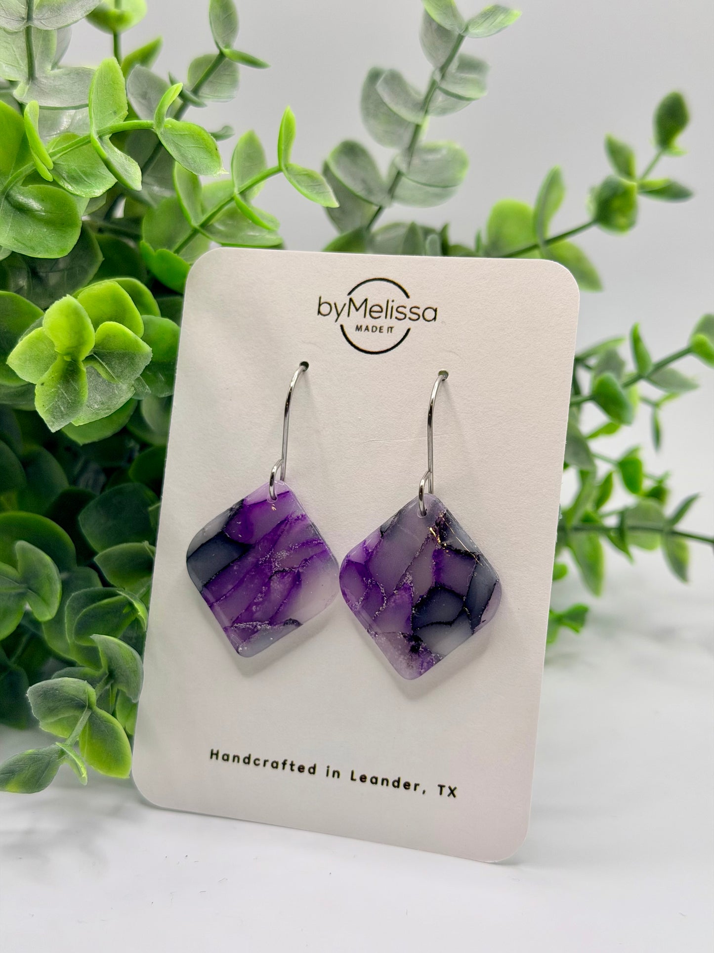 Purple and Black Small Rounded Square Drop Earrings in Silver