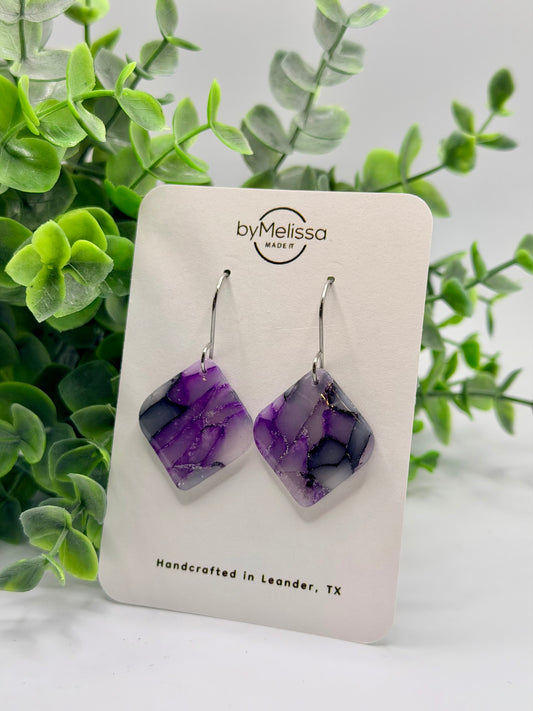 Purple and Black Small Rounded Square Drop Earrings in Silver