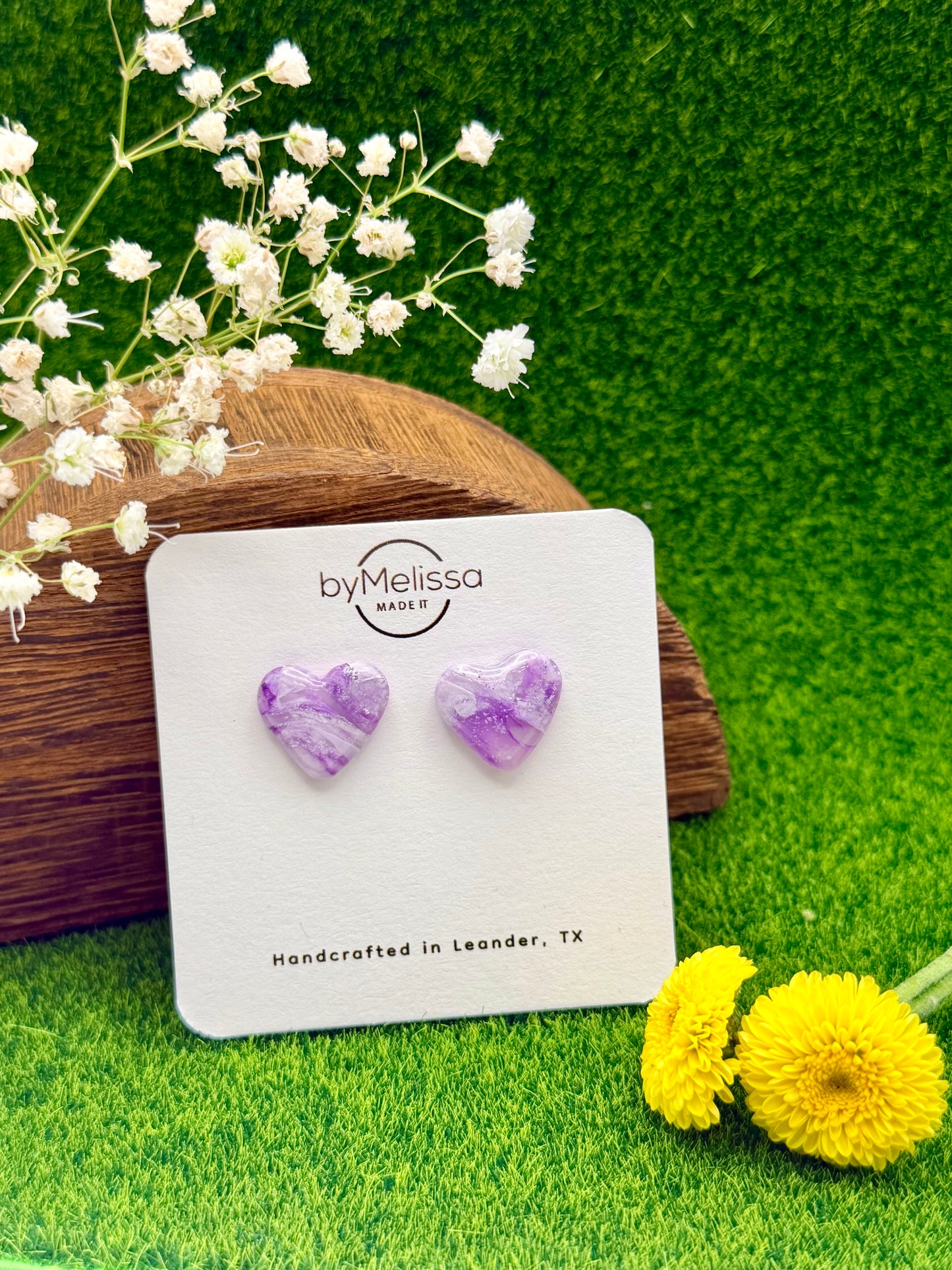 Purple and White Heart Stud Earrings
