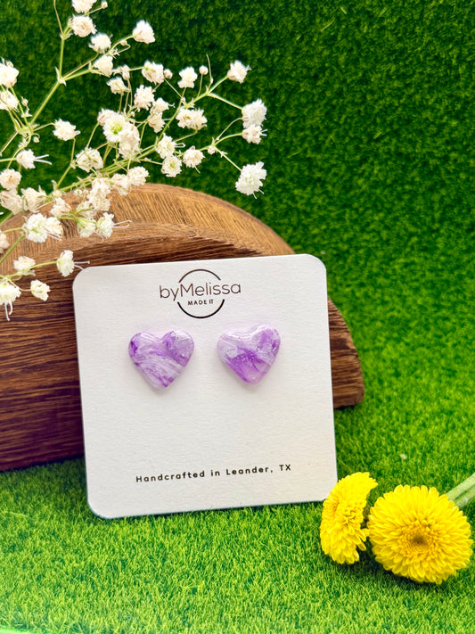 Purple and White Heart Stud Earrings
