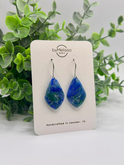 Forest Green and Blue Small Kite Drop Earrings in Silver