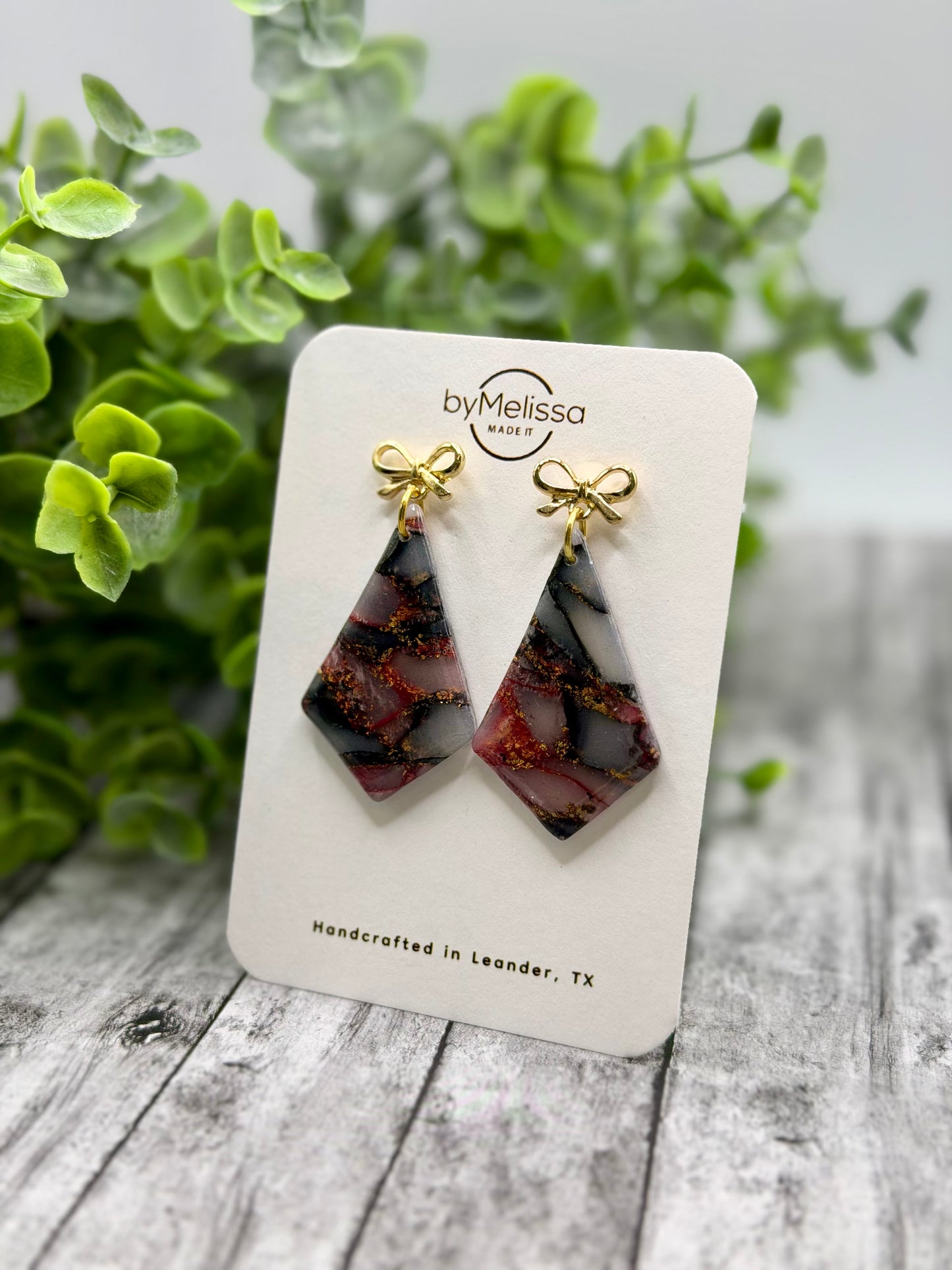Maroon and Black Medium Kite Earrings with Gold Bow Studs