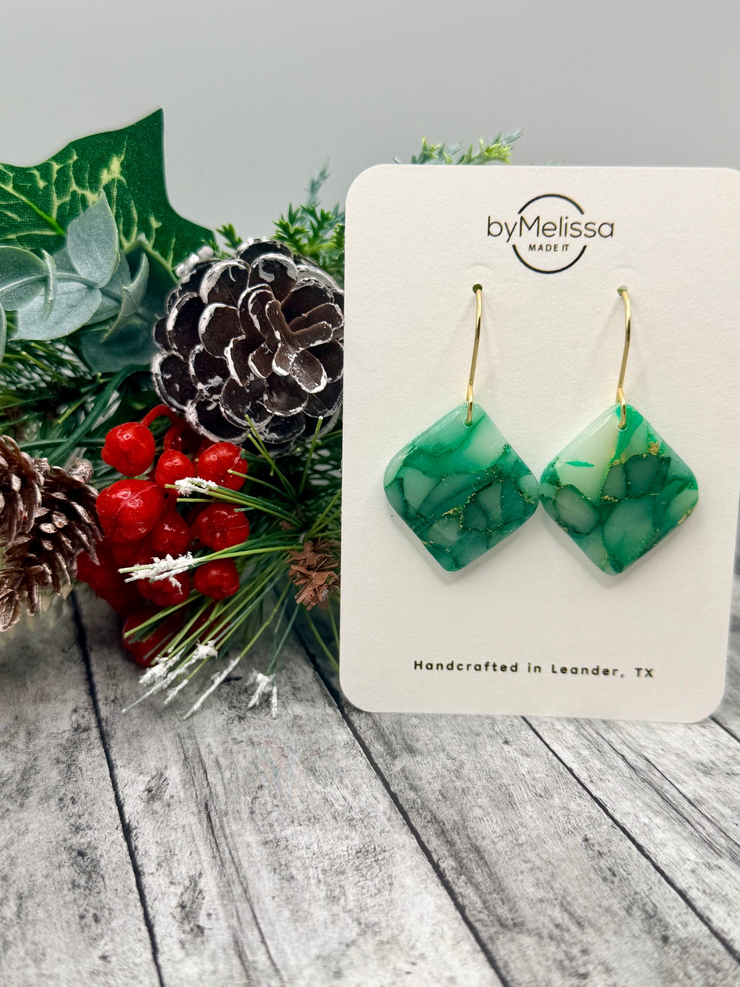 Green and Gold Small Rounded Square Drop Earrings