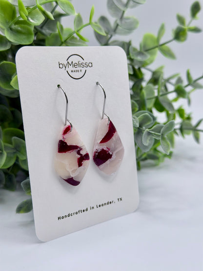 Maroon and White Small Kite Drop Earrings in Silver