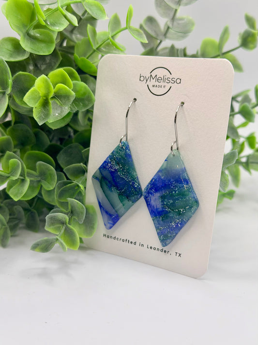 Forest Green and Blue Small Diamond Drop Earrings in Silver