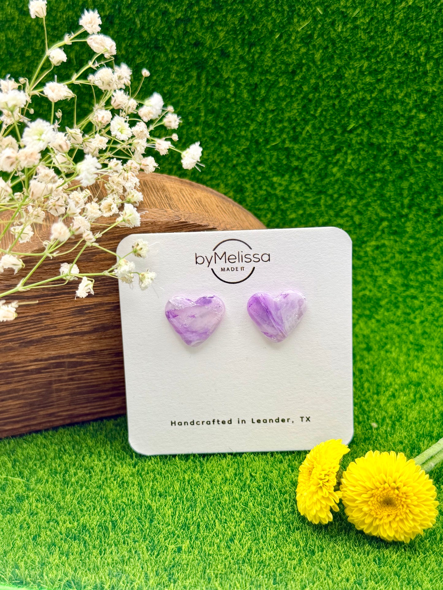 Purple and White Heart Stud Earrings