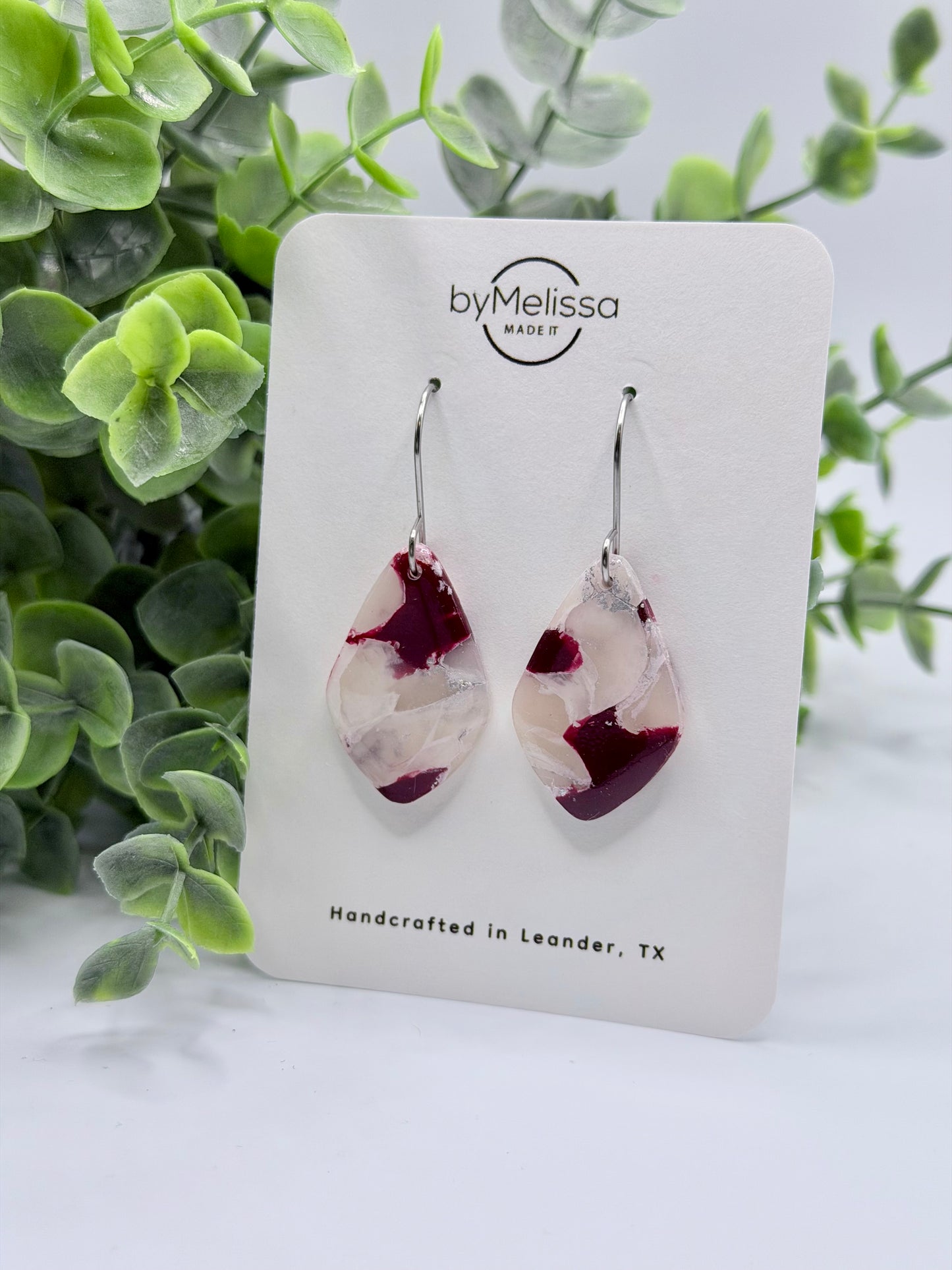 Maroon and White Small Kite Drop Earrings in Silver