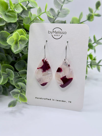 Maroon and White Small Kite Drop Earrings in Silver