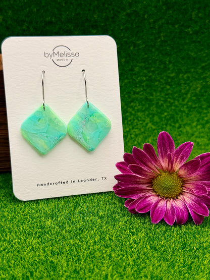 Lime and Turquoise Small Rounded Square Drop Earrings in Silver