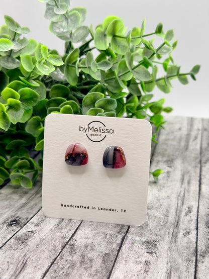 Maroon and Black Small Embedded Polygon Stud Earrings