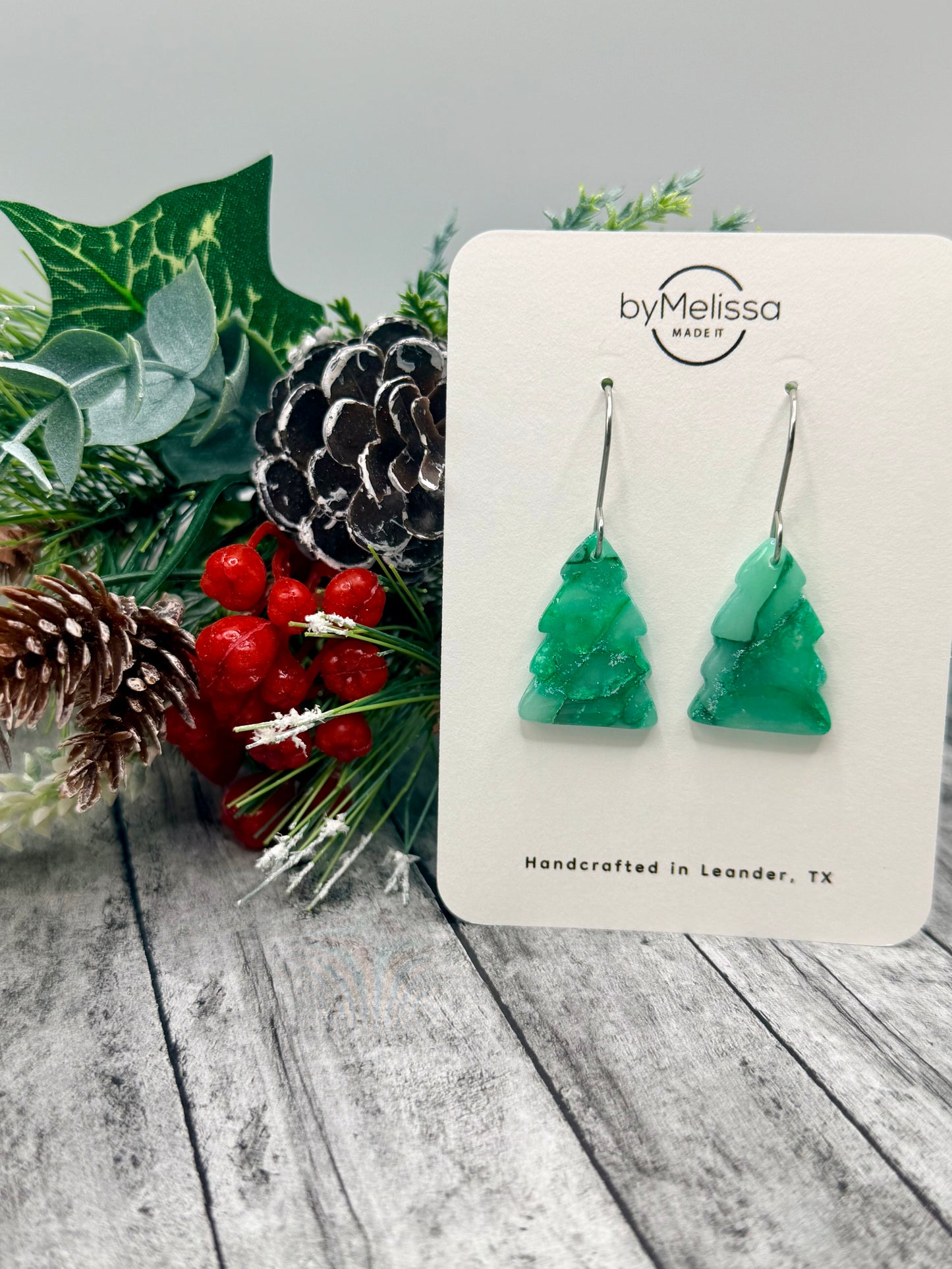 Green Christmas Tree Drop Earrings in Silver