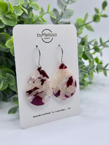 Maroon and White Small Wide Teardrop Drop Earrings in Silver