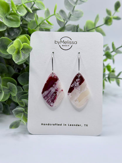 Maroon and White Small Kite Drop Earrings in Silver
