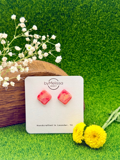 Red and Orange Rounded Square Stud Earrings