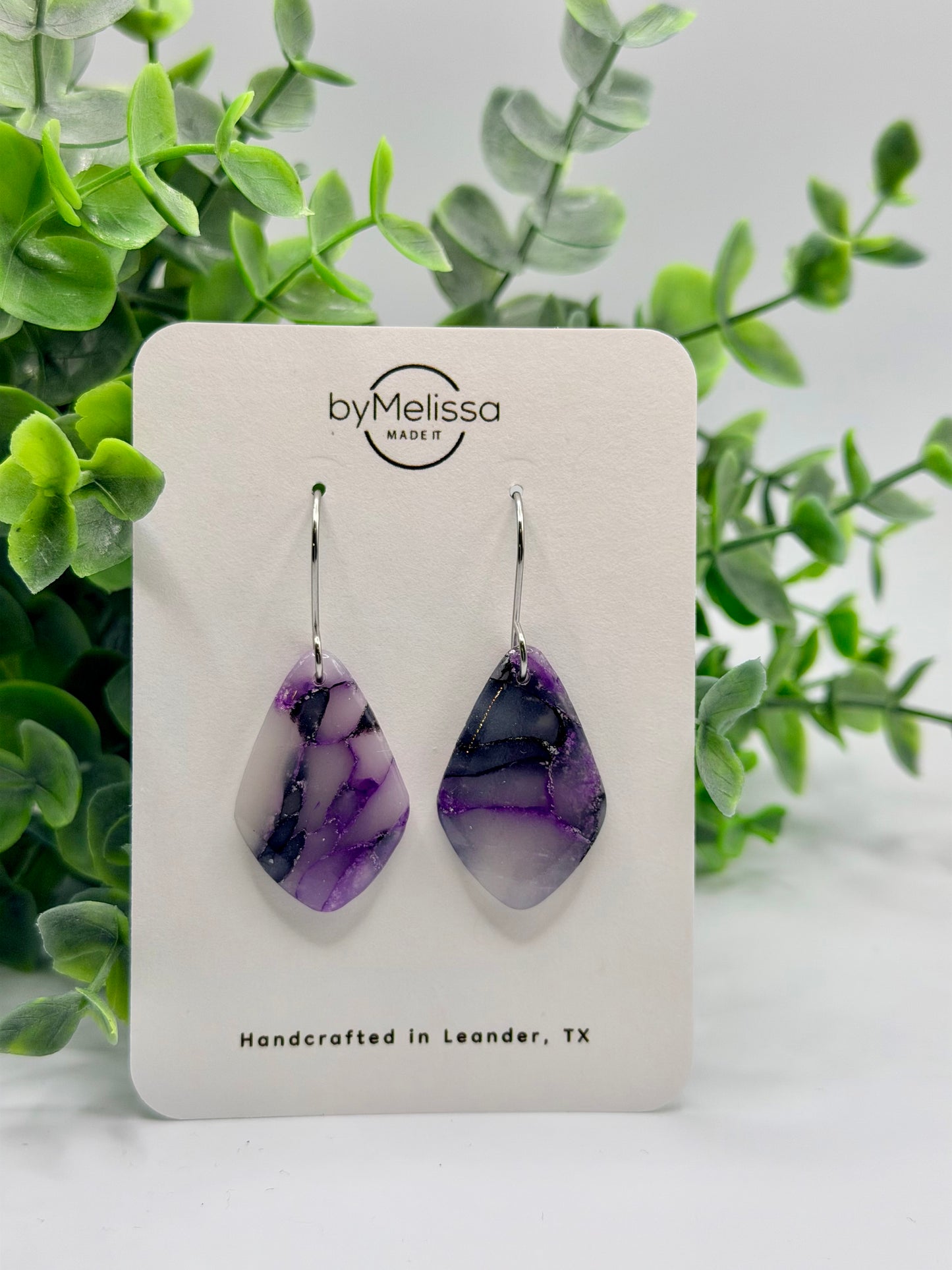 Purple and Black Small Kite Drop Earrings in Silver