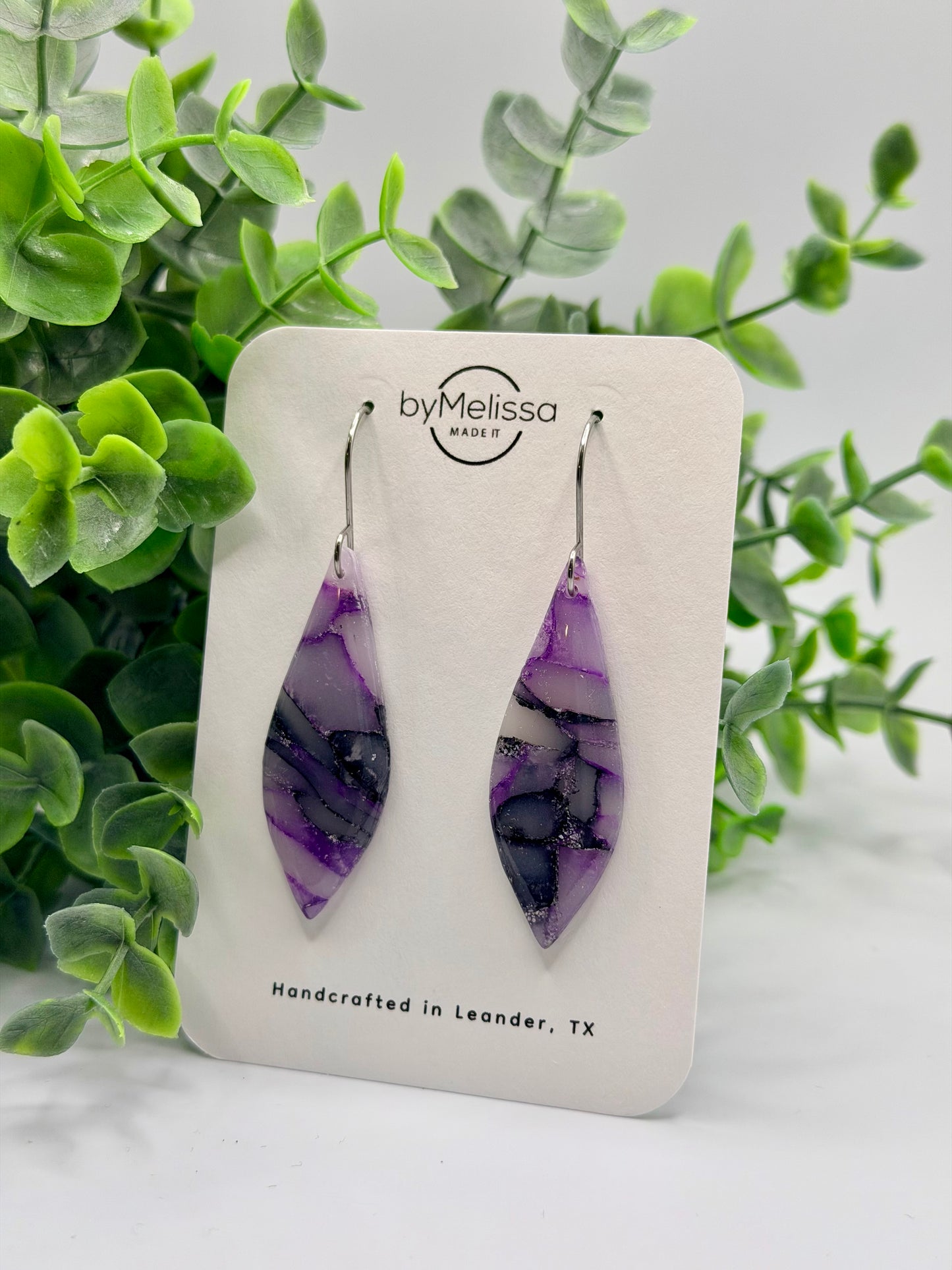 Purple and Black Small Elongated Kite Drop Earrings in Silver