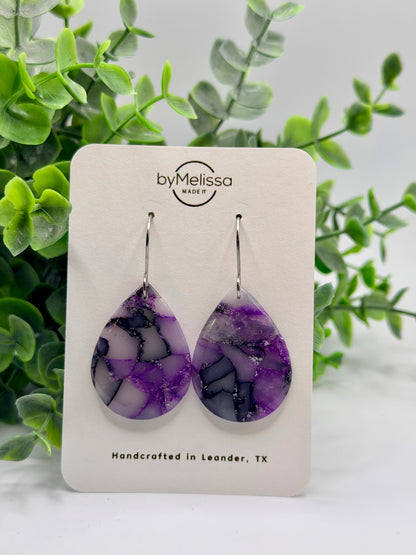 Purple and Black Small Wide Teardrop Drop Earrings in Silver