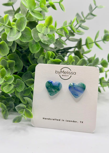 Forest Green and Blue Heart Stud Earrings