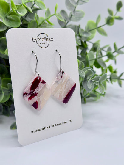 Maroon and White Small Rounded Square Drop Earrings in Silver