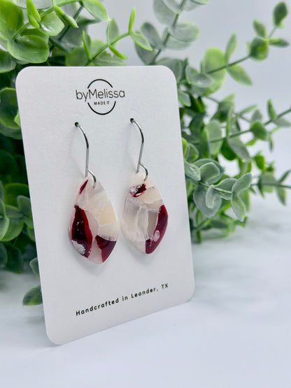 Maroon and White Small Kite Drop Earrings in Silver
