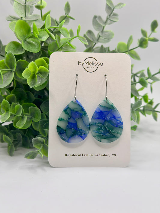 Forest Green and Blue Small Wide Teardrop Drop Earrings in Silver