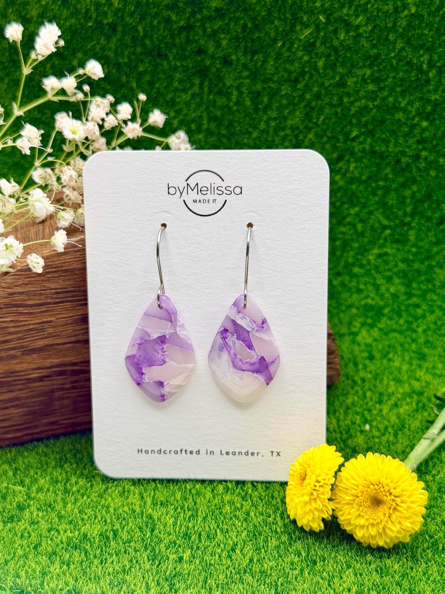 Purple and White Small Kite Drop Earrings in Silver