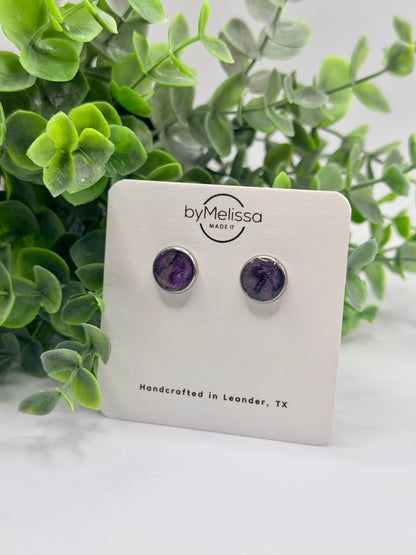 Purple and Black Circle Bezel Stud Earrings in Silver