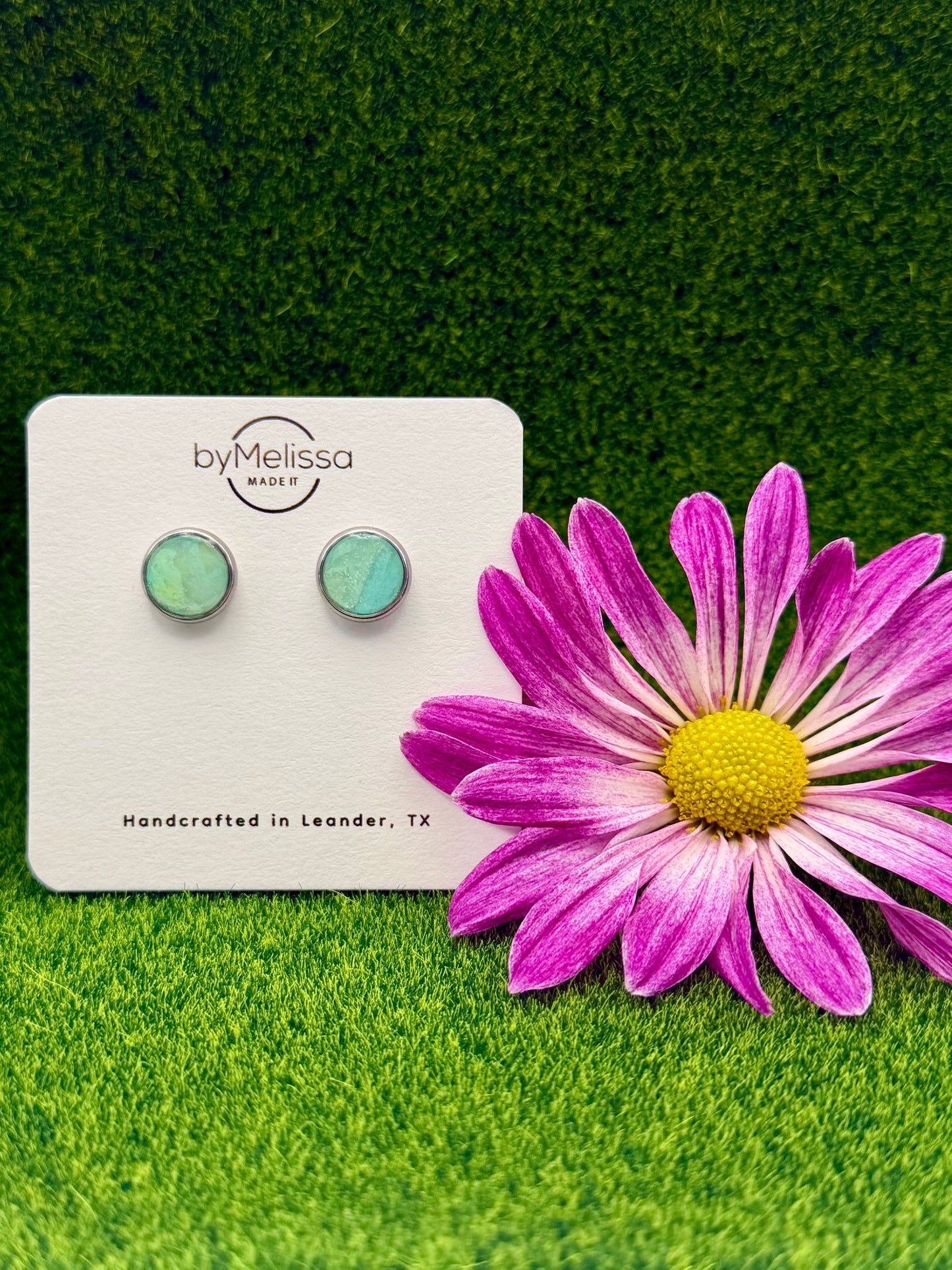 Lime and Turquoise Circle Bezel Stud Earrings in Silver